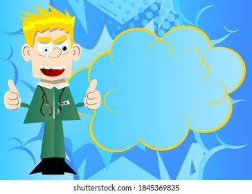 Funny cartoon doctor making thumbs up sign with two hands. Vector illustration.