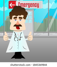 Funny cartoon doctor making thumbs up sign with two hands. Vector illustration.