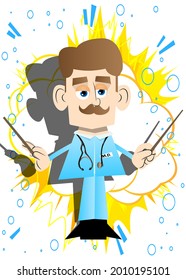 Funny cartoon doctor as an orchestra conductor. Vector illustration.
