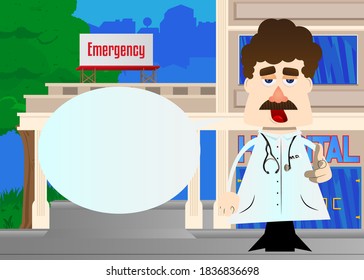 Funny cartoon doctor pointing at the viewer with his hand. Vector illustration.