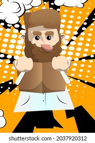 Funny cartoon doctor reading book and hiding behind it. Learning health care worker. Vector illustration.