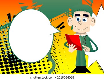 Funny cartoon doctor reading and pointing at an opened book. Vector illustration. Health care teacher, educator.