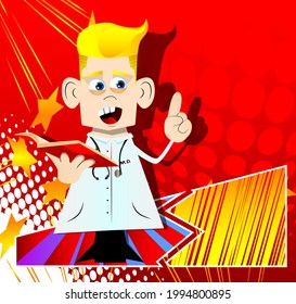 Funny cartoon doctor reading a red book and making a point. Vector illustration. Health care worker teaching.