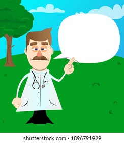 Funny cartoon doctor saying no with his finger. Vector illustration.