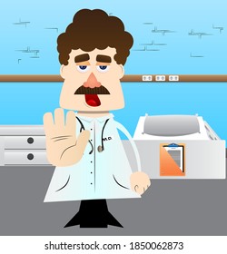 Funny cartoon doctor showing deny or refuse hand gesture. Vector illustration.