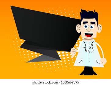 Funny cartoon doctor showing dislike hand sign. Vector illustration. Health care worker disapproving.