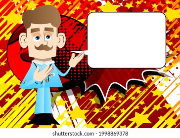 Funny cartoon doctor showing something with both hands, powerful hand gesture. Vector illustration.