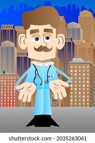 Funny cartoon doctor showing something with both hands or expressing don't know gesture. Vector illustration.