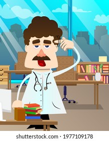Funny cartoon doctor shows a you're nuts gesture by twisting his finger around his temple. Vector illustration. Health care worker with silly hand sign.