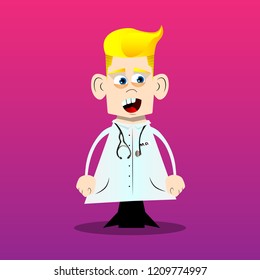 Funny cartoon doctor standing. Vector illustration.