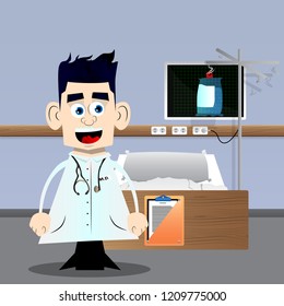 Funny cartoon doctor standing. Vector illustration.