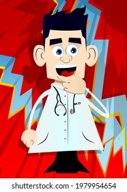 Funny cartoon doctor thinking with hands under his mouth. Vector illustration. Confused health care worker.
