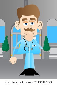 Funny cartoon doctor thinking. Vector illustration. Uncertain health care worker.