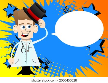 Funny cartoon doctor tipping his hat. Vector illustration.