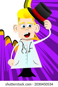 Funny cartoon doctor tipping his hat. Vector illustration.