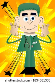 Funny cartoon doctor is trying to scare you. Vector illustration.