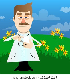 Funny cartoon doctor using a mobile phone. Vector illustration.