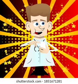 Funny cartoon doctor using a mobile phone. Vector illustration.