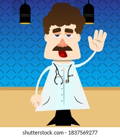 Funny cartoon doctor with waving hand. Vector illustration.