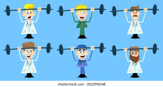 Funny cartoon doctor as a weightlifter lifting barbell. Vector illustration. Strong health care worker.