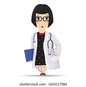 Funny cartoon doctor woman character on white background