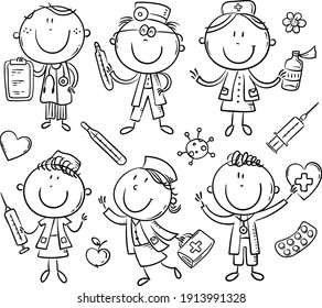 Funny cartoon doctors set, stick figure characters. Outline clipart