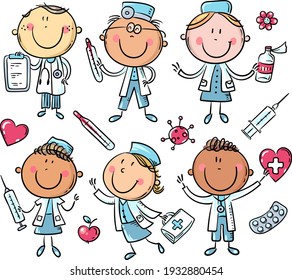 Funny cartoon doctors set, stick figure characters. Colorful clipart