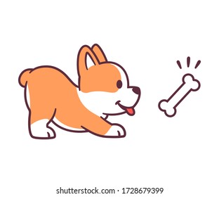 Funny cartoon dog with bone treat. Cute corgi puppy in playful pose. Isolated vector clip art illustration.