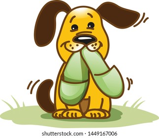 Funny cartoon dog brings slippers to its owner, wants to be helpfull, vector illustration.
