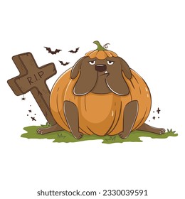 Funny cartoon dog bulldog in a pumpkin costume for halloween. Scary funny character for halloween. Vector illustration of pets for the holiday.