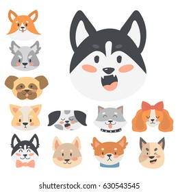 Funny cartoon dog character heads bread cartoon puppy friendly adorable canine vector illustration.