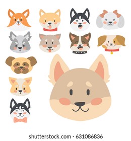 Funny cartoon dog character heads bread cartoon puppy friendly adorable canine vector illustration.