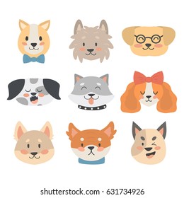 Funny cartoon dog character heads bread cartoon puppy friendly adorable canine vector illustration.