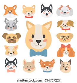 Funny cartoon dog character heads bread cartoon puppy friendly adorable canine vector illustration.