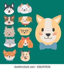 Funny cartoon dog character heads bread cartoon puppy friendly adorable canine vector illustration.