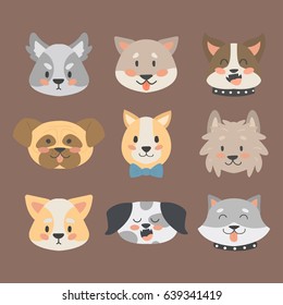 Funny cartoon dog character heads bread cartoon puppy friendly adorable canine vector illustration.