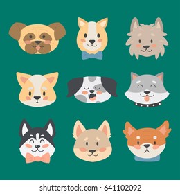 Funny cartoon dog character heads bread cartoon puppy friendly adorable canine vector illustration.