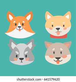 Funny cartoon dog character heads bread cartoon puppy friendly adorable canine vector illustration.