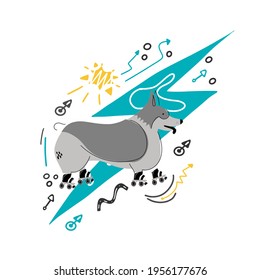 Funny cartoon dog character on roller skates; lightning and doodle elements isolated on white background. 
Cute hand drawn vector illustration. Childish, fashion tee print graphic design.