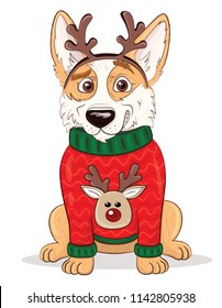 Funny Cartoon Dog. Christmas Welsh Corgi. Vector Illustration