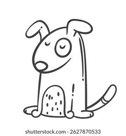 Funny cartoon dog with closed eyes, big nose and spotted belly. Monochrome outline doodle style, minimal and cute. Perfect for coloring pages, stickers, and children designs.