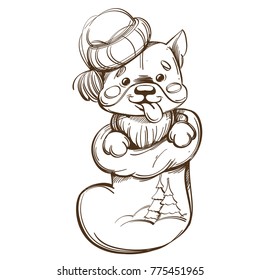 Funny cartoon dog. Cute puppy in a New Year's sock for gifts. Outline vector illustration isolated on white background for Christmas and New Year greeting cards, posters and other items.