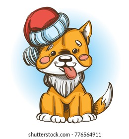 Funny cartoon dog. Cute puppy in a Santa Claus hat. Vector illustration for Christmas and New Year greeting cards, posters and other items.