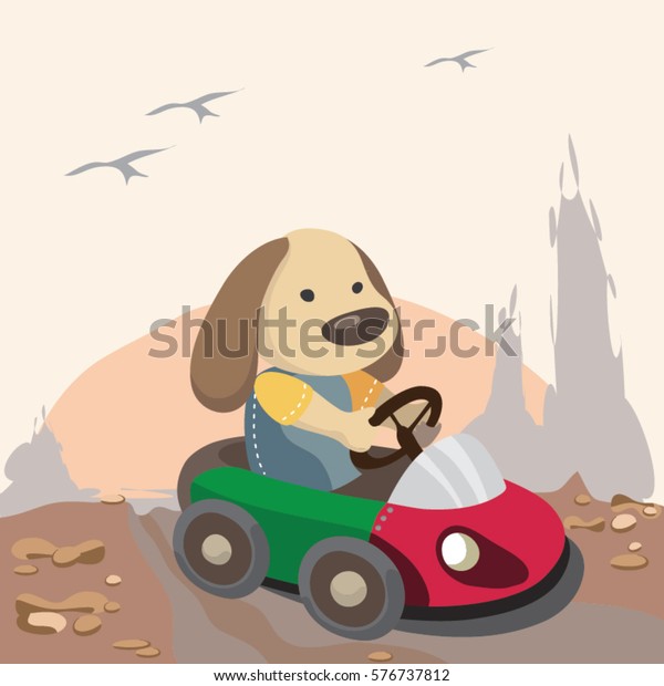 Funny cartoon\
dog driving car into the dessert. Use for clothing design, drawing\
book for kid with sunset\
panorama.