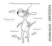 Funny cartoon dog is engaged in diving. illustration of scuba diving among the fish. Vector. Black outlines isolated on white background