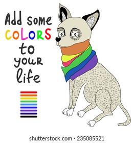 Funny cartoon dog in a fashionable scarf advises you to add more color to your life