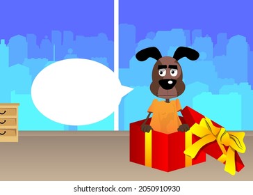 Funny cartoon dog in a gift box. Vector illustration. Celebrating holiday event with a cute surprise.