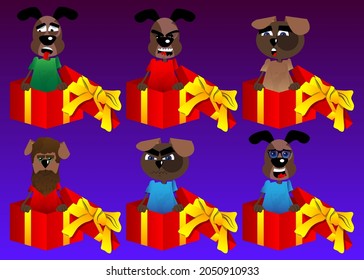 Funny cartoon dog in a gift box. Vector illustration. Celebrating holiday event with a cute surprise.