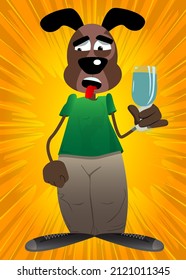 Funny cartoon dog with a glass of water. Vector illustration.