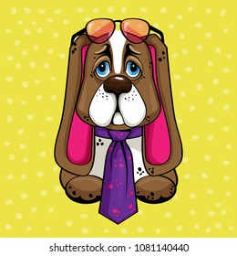 Funny cartoon dog in glasses and a tie